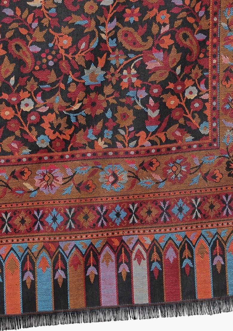 Black Floral Woolen Shawls - Indya