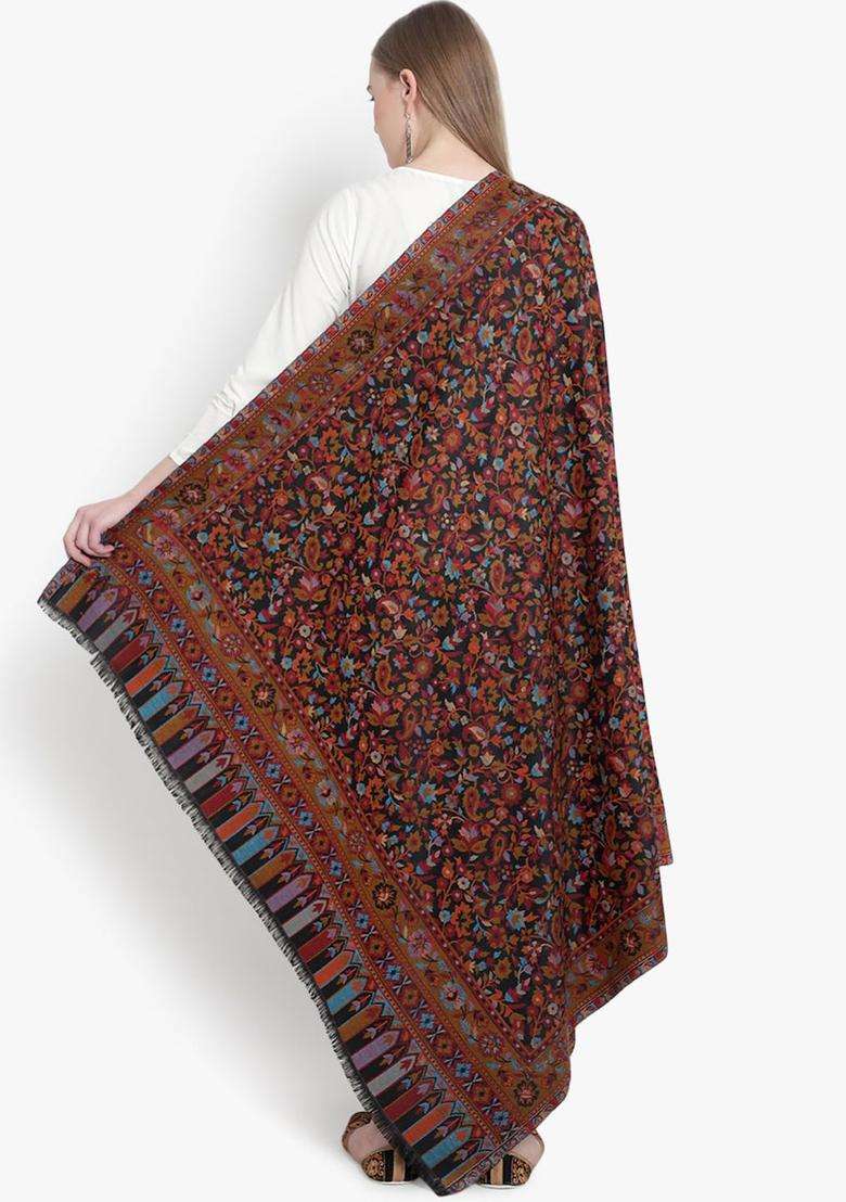 Black Floral Woolen Shawls - Indya