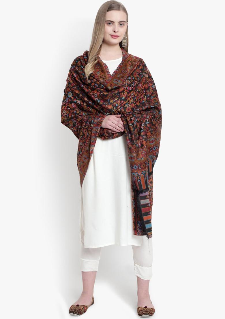 Black Floral Woolen Shawls - Indya