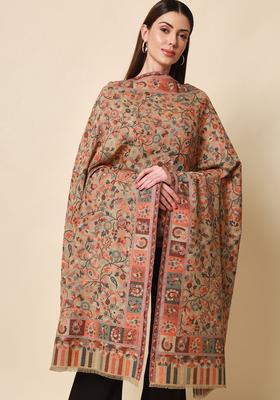 Beige Floral Woolen Shawls