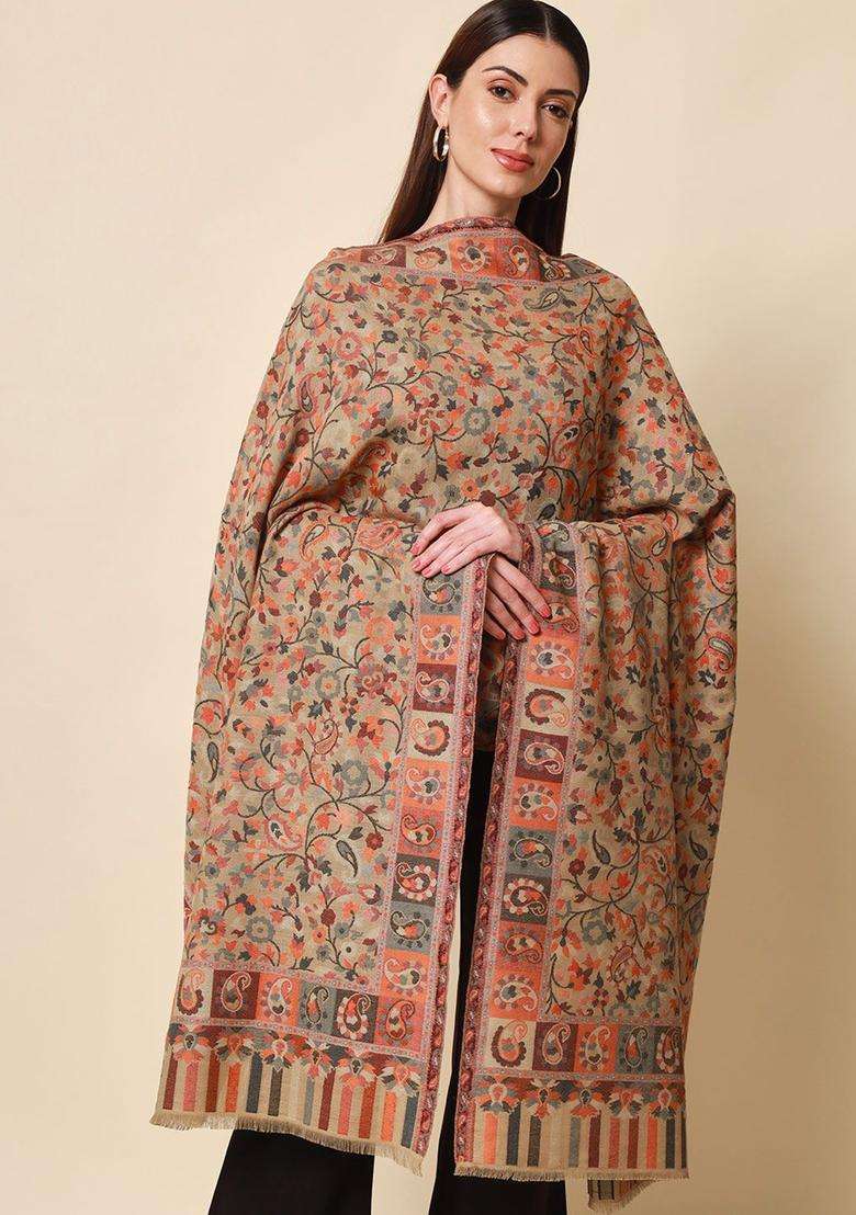 Beige Floral Woolen Shawls - Indya