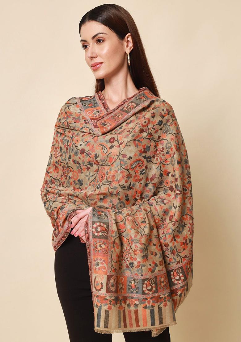 Beige Floral Woolen Shawls - Indya