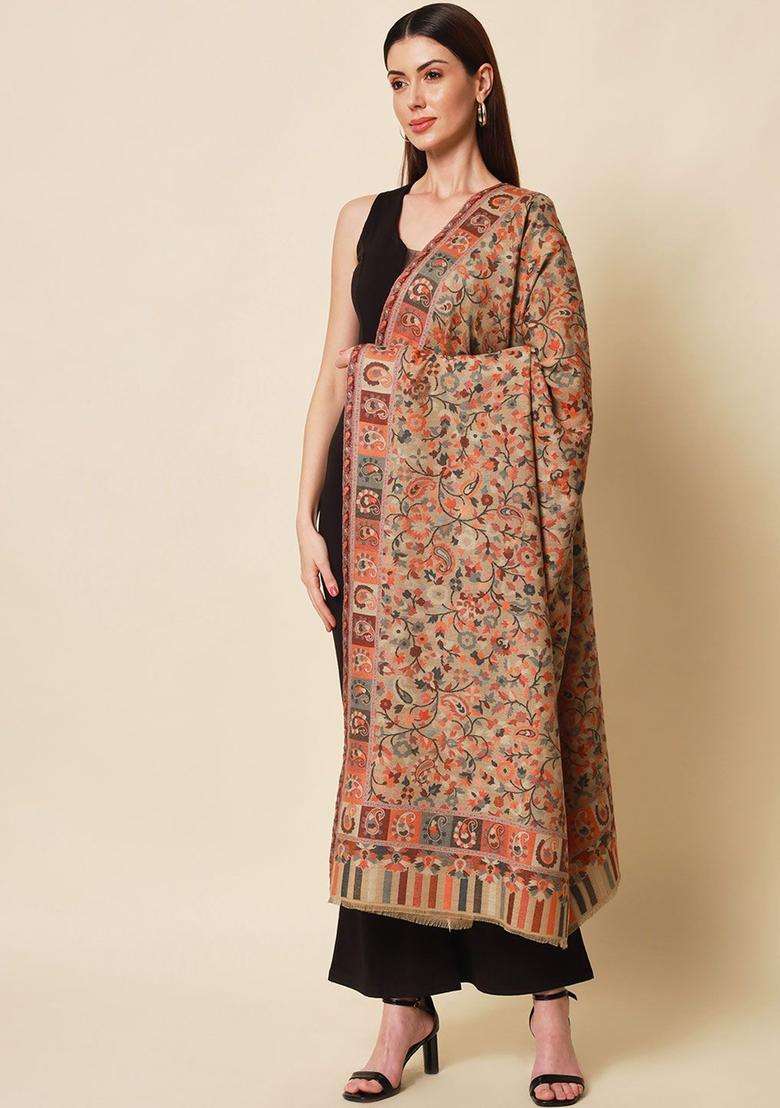 Beige Floral Woolen Shawls - Indya