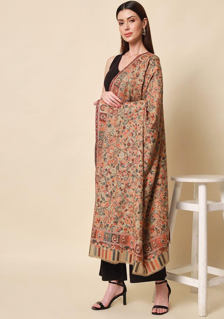 Beige Floral Woolen Shawls - Indya