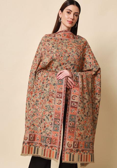 Beige Floral Woolen Shawls