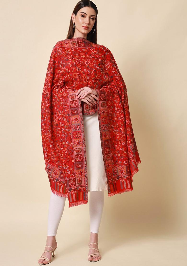 Red Floral Woolen Shawls - Indya