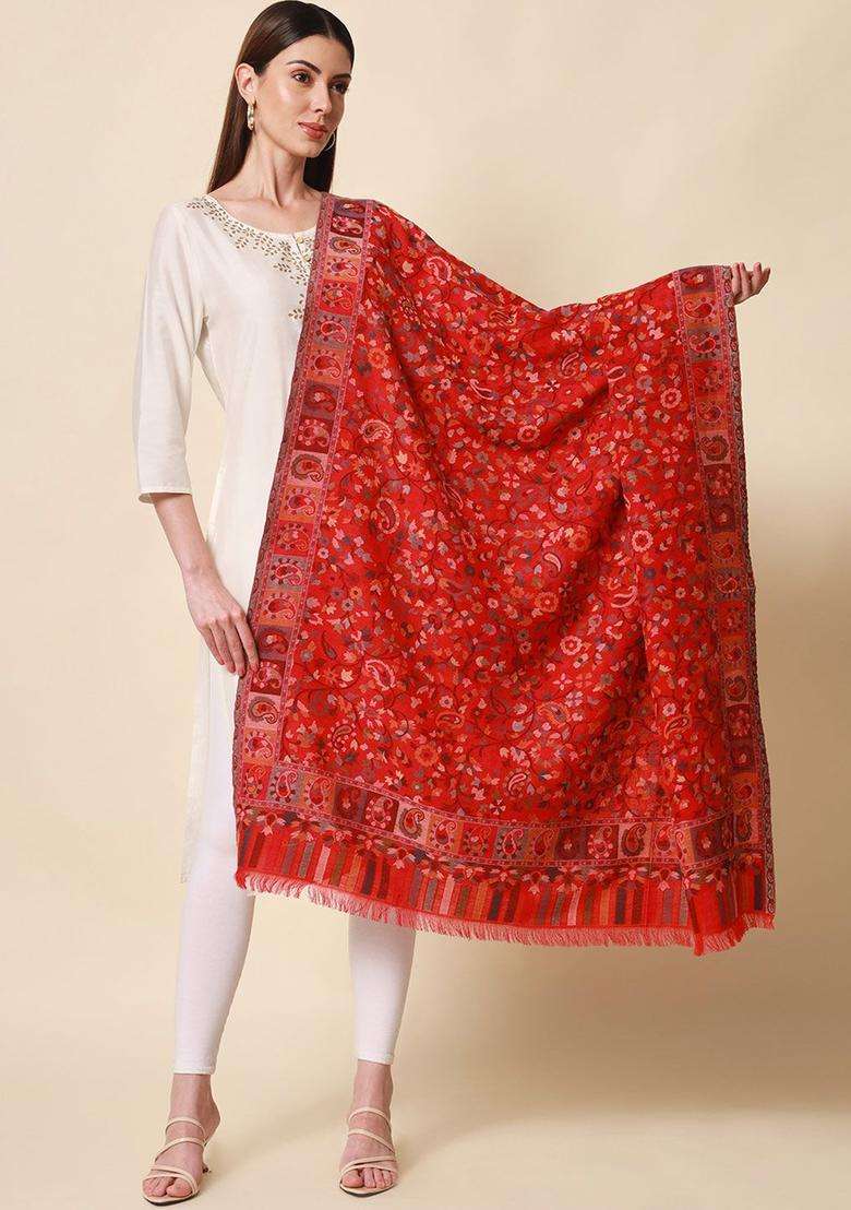 Red Floral Woolen Shawls - Indya