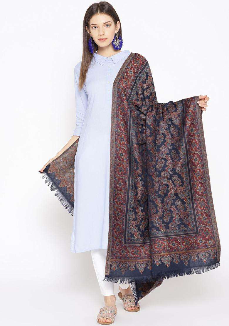 Navy Blue Paisley Woolen Shawls - Indya