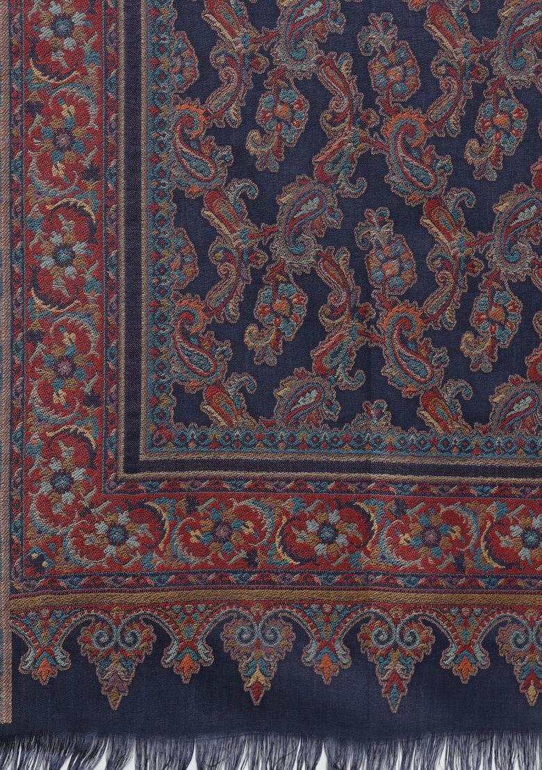 Navy Blue Paisley Woolen Shawls - Indya