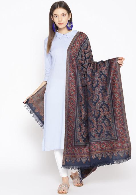 Navy Blue Paisley Woolen Shawls