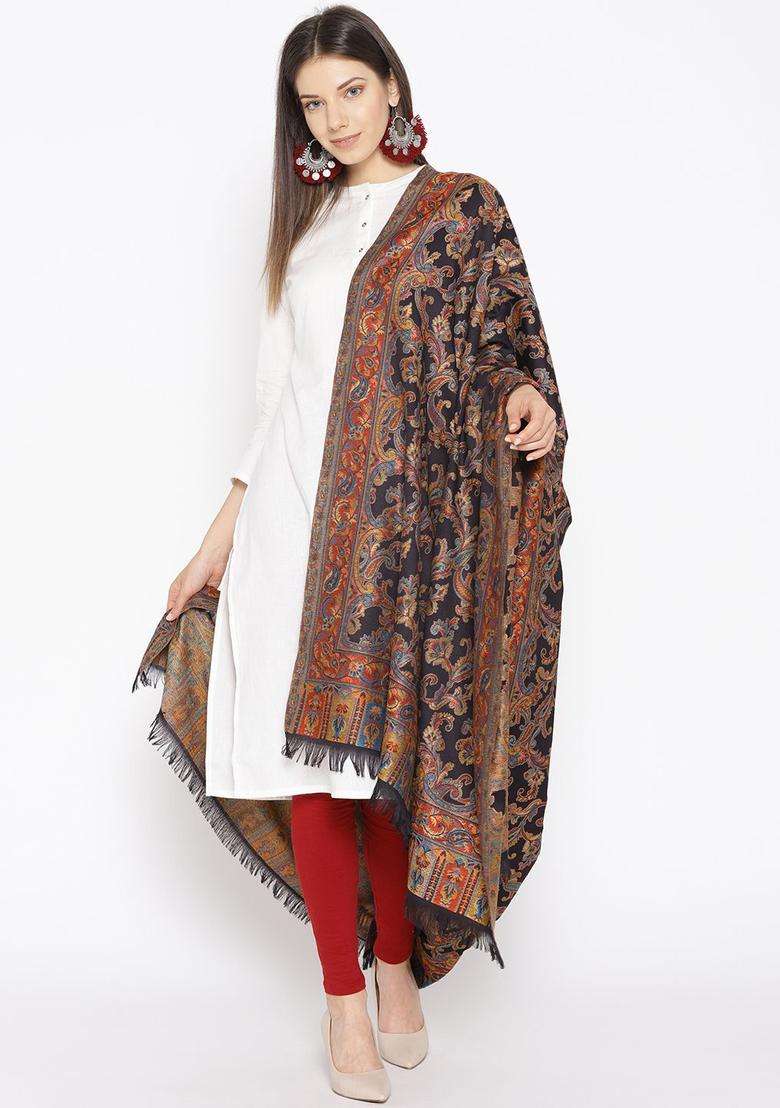 Black Woven Design Woolen Shawls - Indya