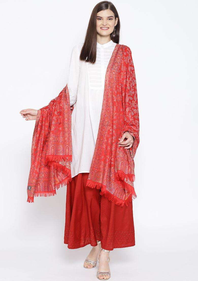 Red Woven Design Woolen Shawls - Indya