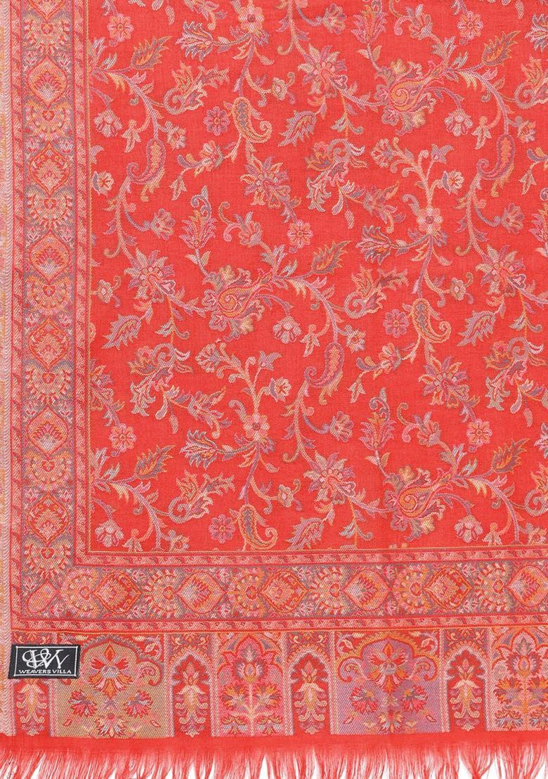 Red Woven Design Woolen Shawls - Indya