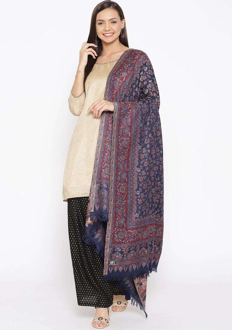 Navy Blue Woven Design Woolen Shawls - Indya