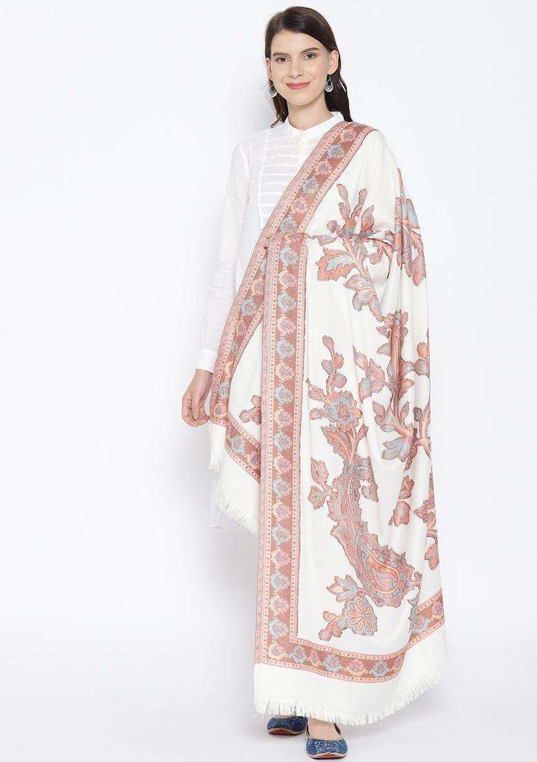 Off White Floral Woolen Shawls - Indya