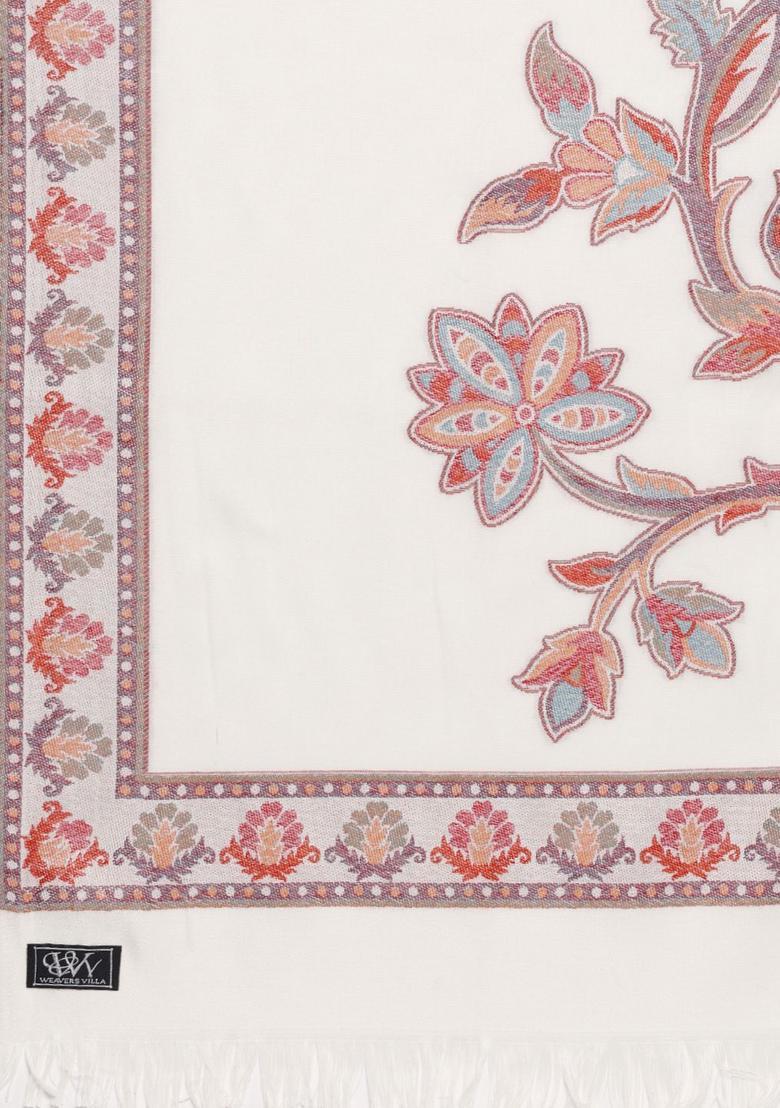 Off White Floral Woolen Shawls - Indya