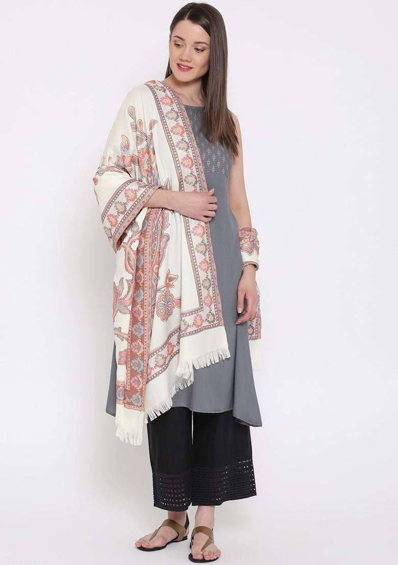 Off White Floral Woolen Shawls - Indya