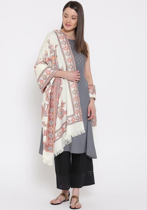 Off White Floral Woolen Shawls