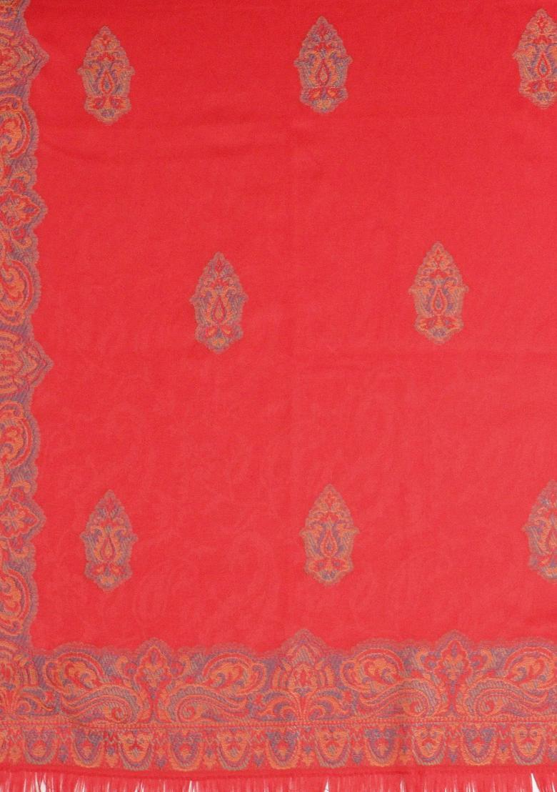 Red Woven Design Woolen Shawls - Indya