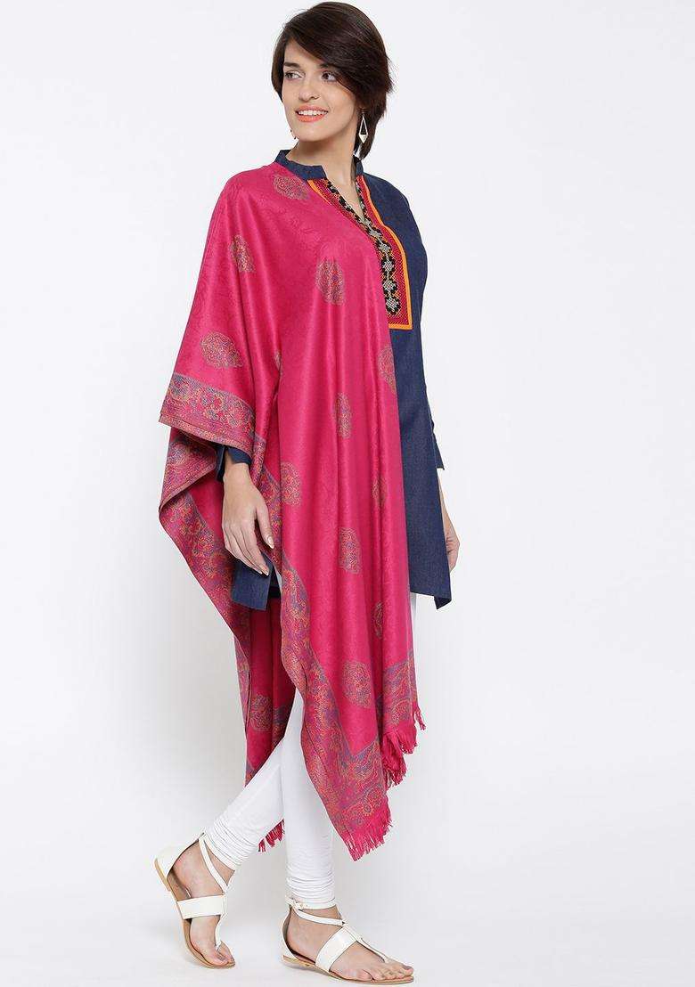 Magenta Woven Design Woolen Shawls - Indya