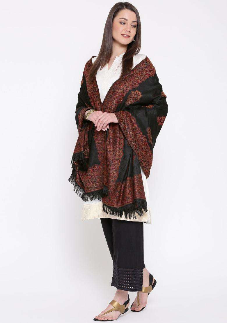 Black Woven Design Woolen Shawls - Indya