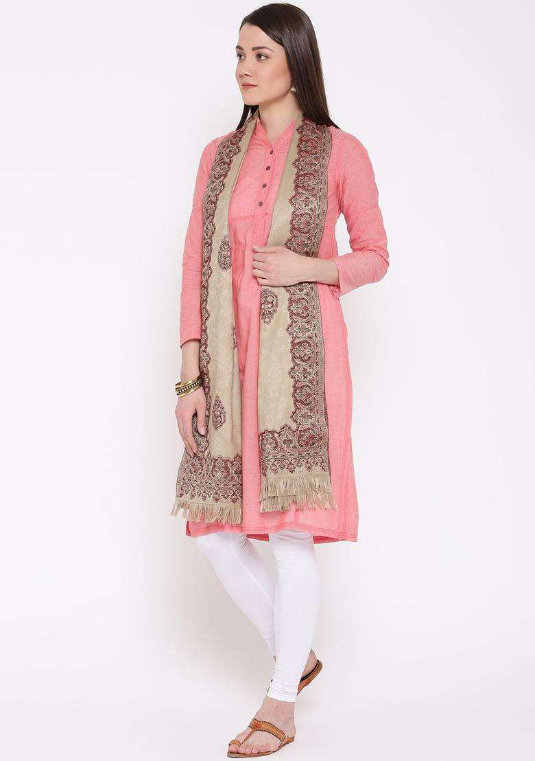 Beige Woven Design Woolen Shawls - Indya