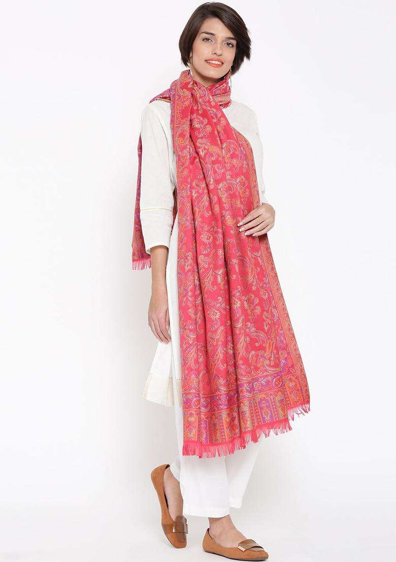 Coral Floral Woolen Shawls - Indya