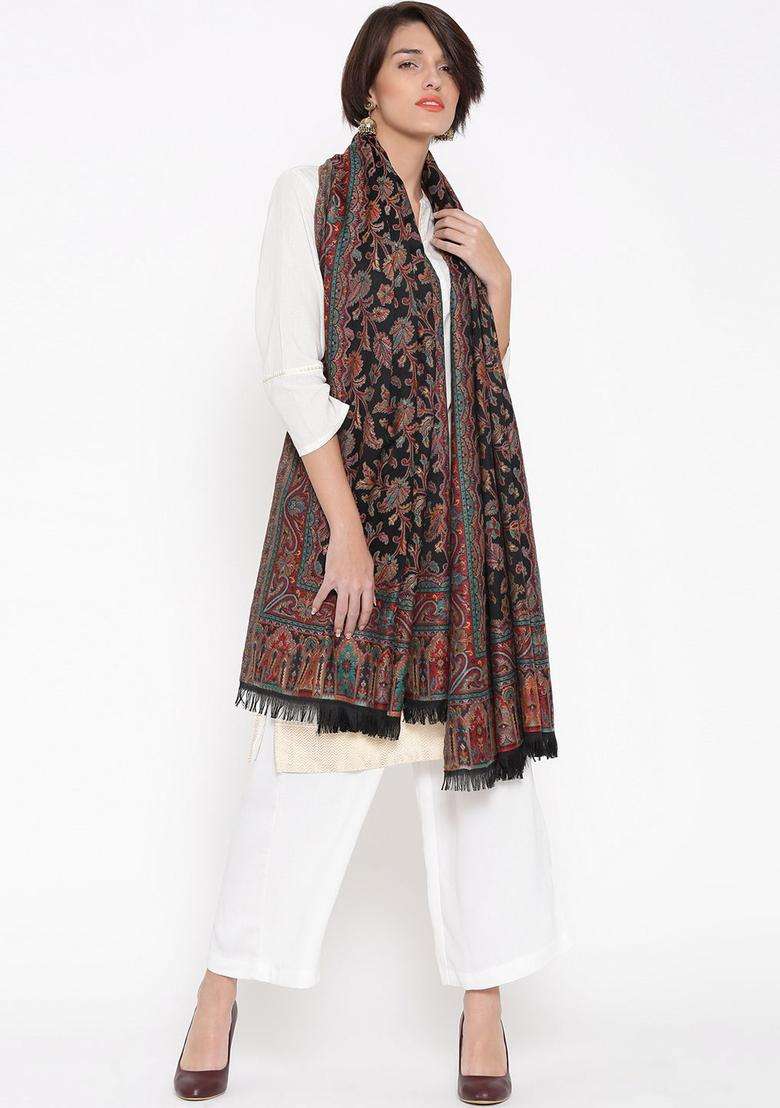 Black Paisley Woolen Shawls - Indya