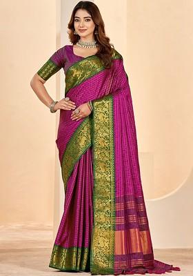 Pink Embroidered Blended Saree Set