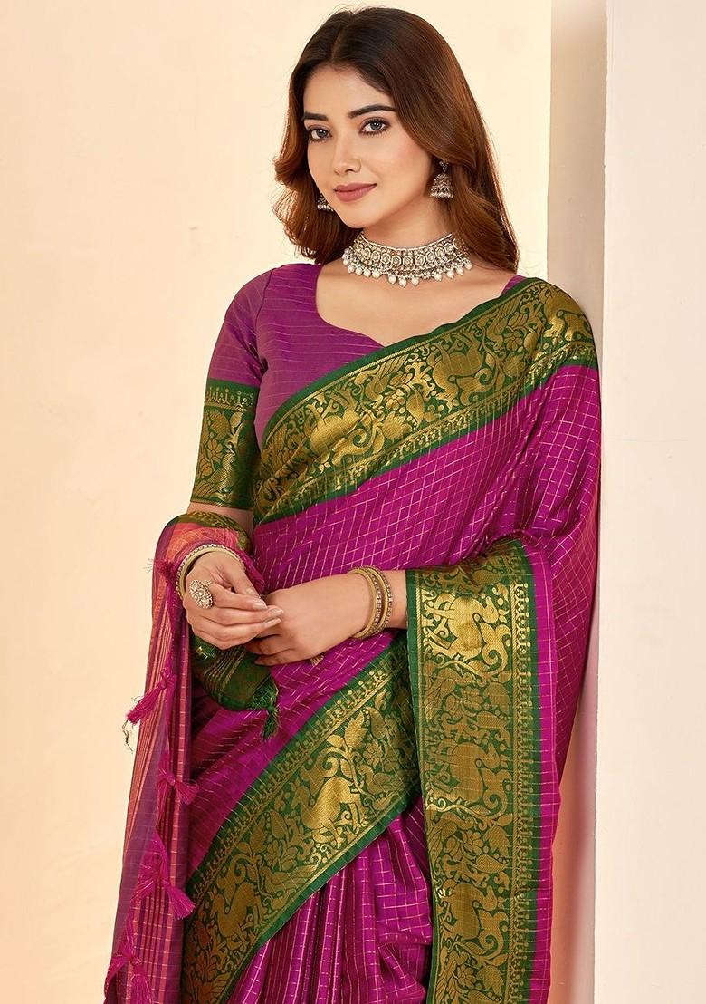 Pink Embroidered Blended Saree Set - Indya