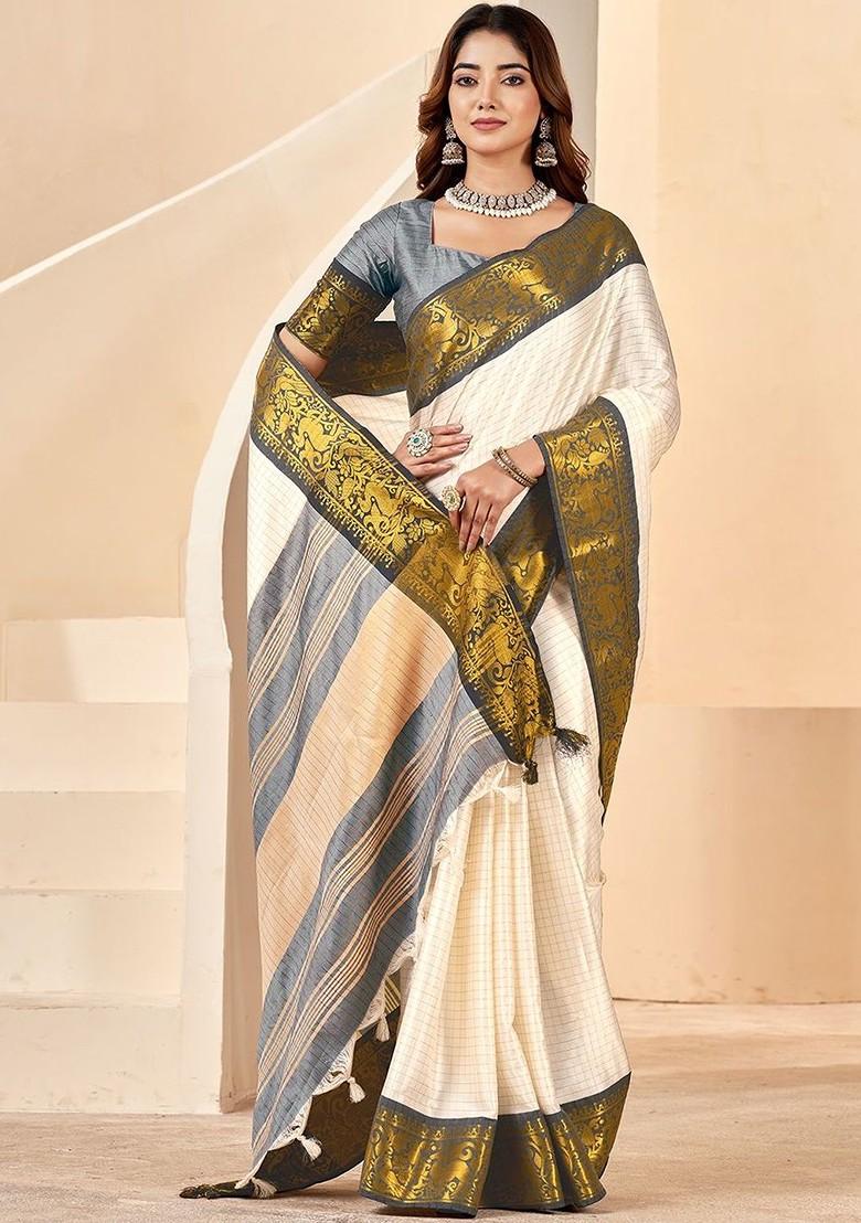 Off White Embroidered Blended Saree Set - Indya
