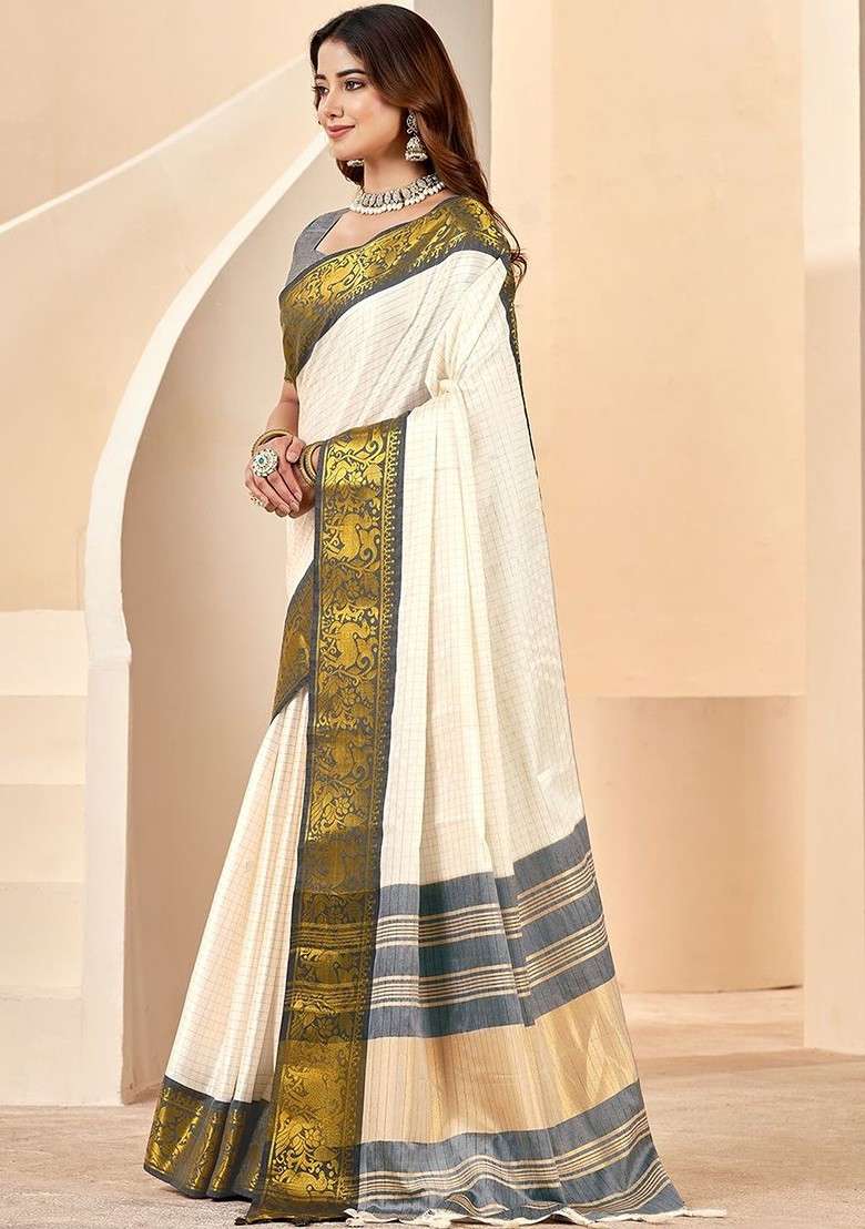 Off White Embroidered Blended Saree Set for Diwali and Festive Wear - Indya
