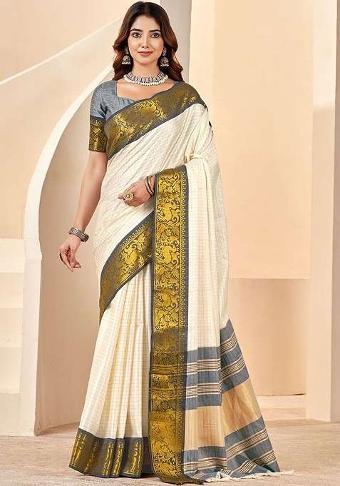 Off White Embroidered Blended Saree Set for Diwali and Festive Wear