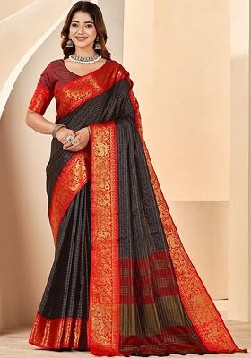 Black Embroidered Blended Saree Set