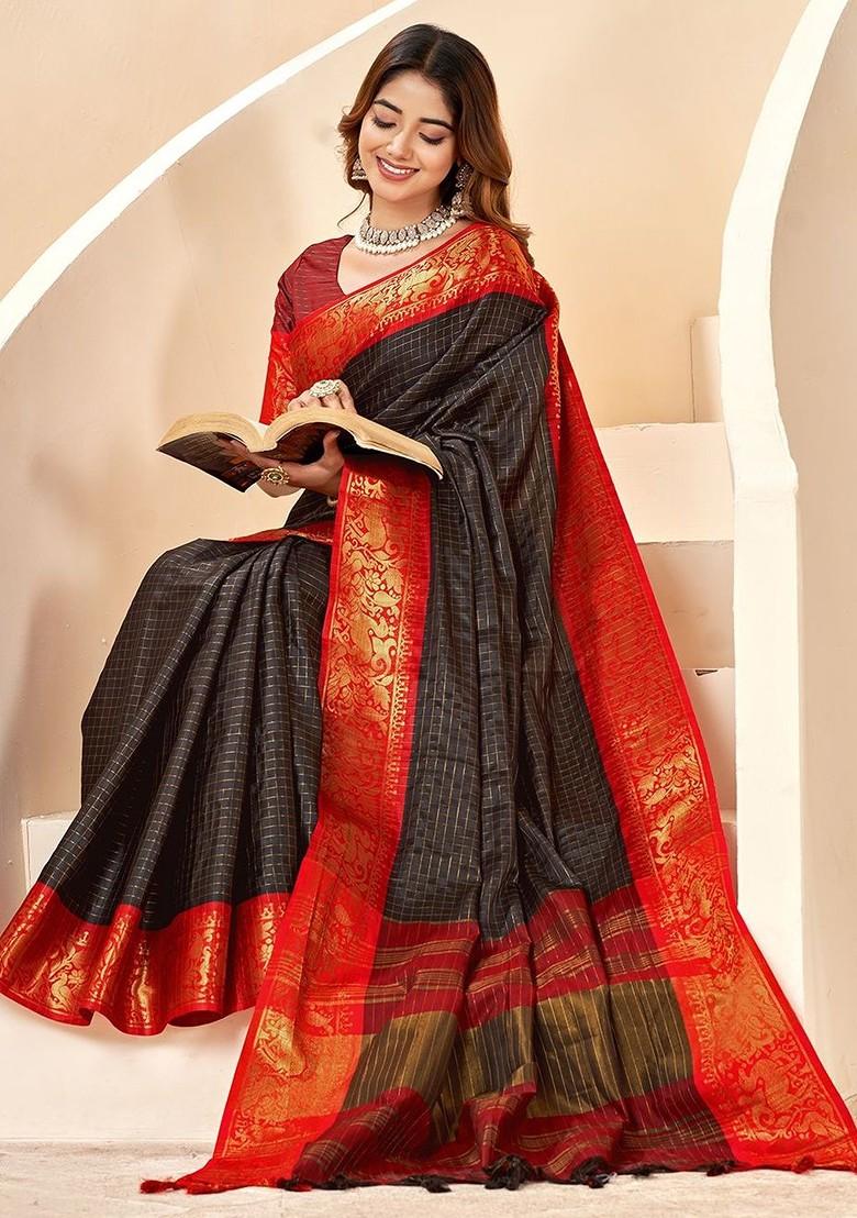Black Embroidered Blended Saree Set - Indya