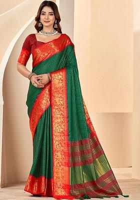 Green Embroidered Blended Saree Set