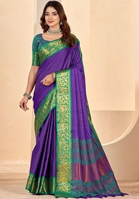 Purple Embroidered Blended Saree Set