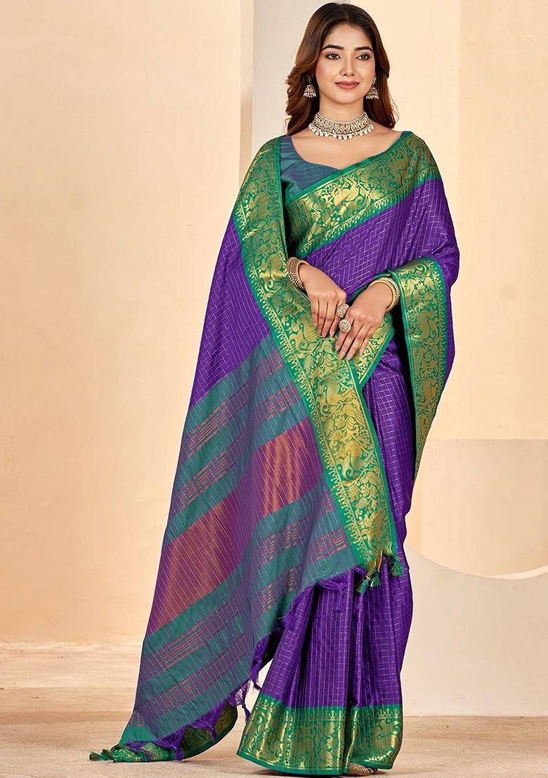 Purple Embroidered Blended Saree Set - Indya