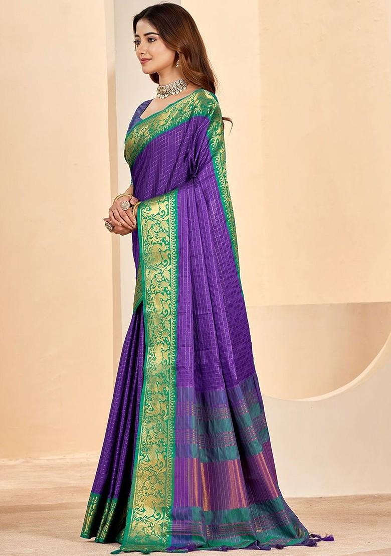 Purple Embroidered Blended Saree Set - Indya