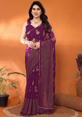 Purple Printed Blended Saree Set