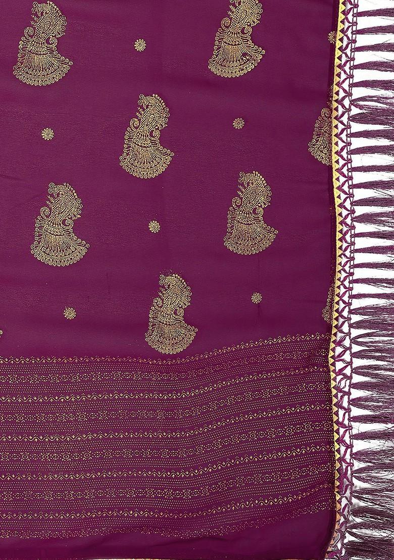 Purple Printed Blended Saree Set - Indya