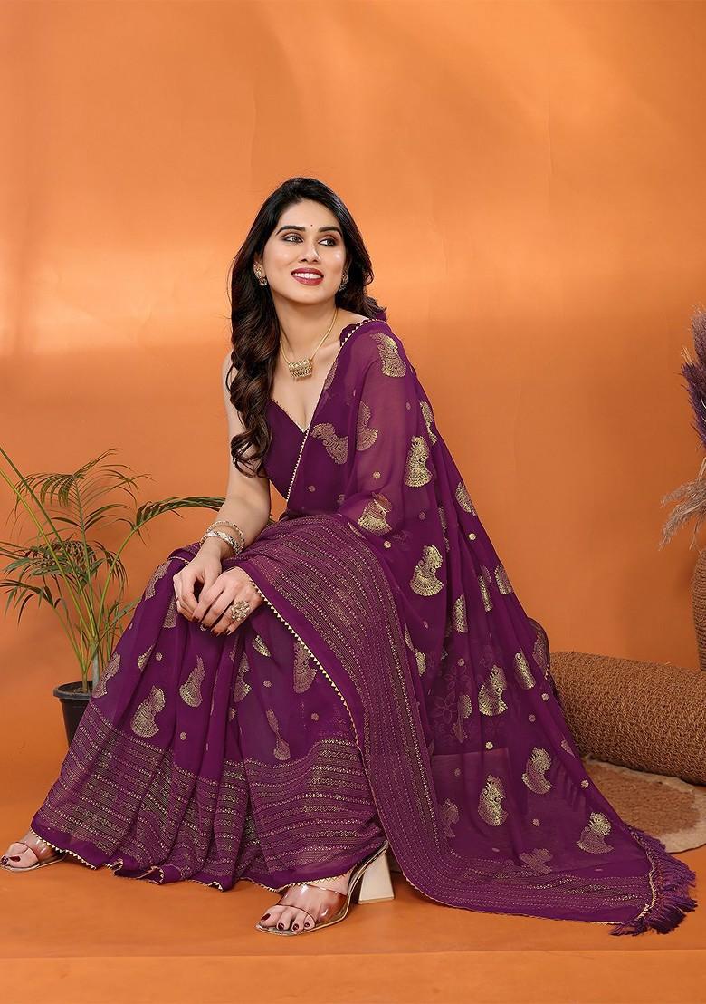 Purple Printed Blended Saree Set - Indya