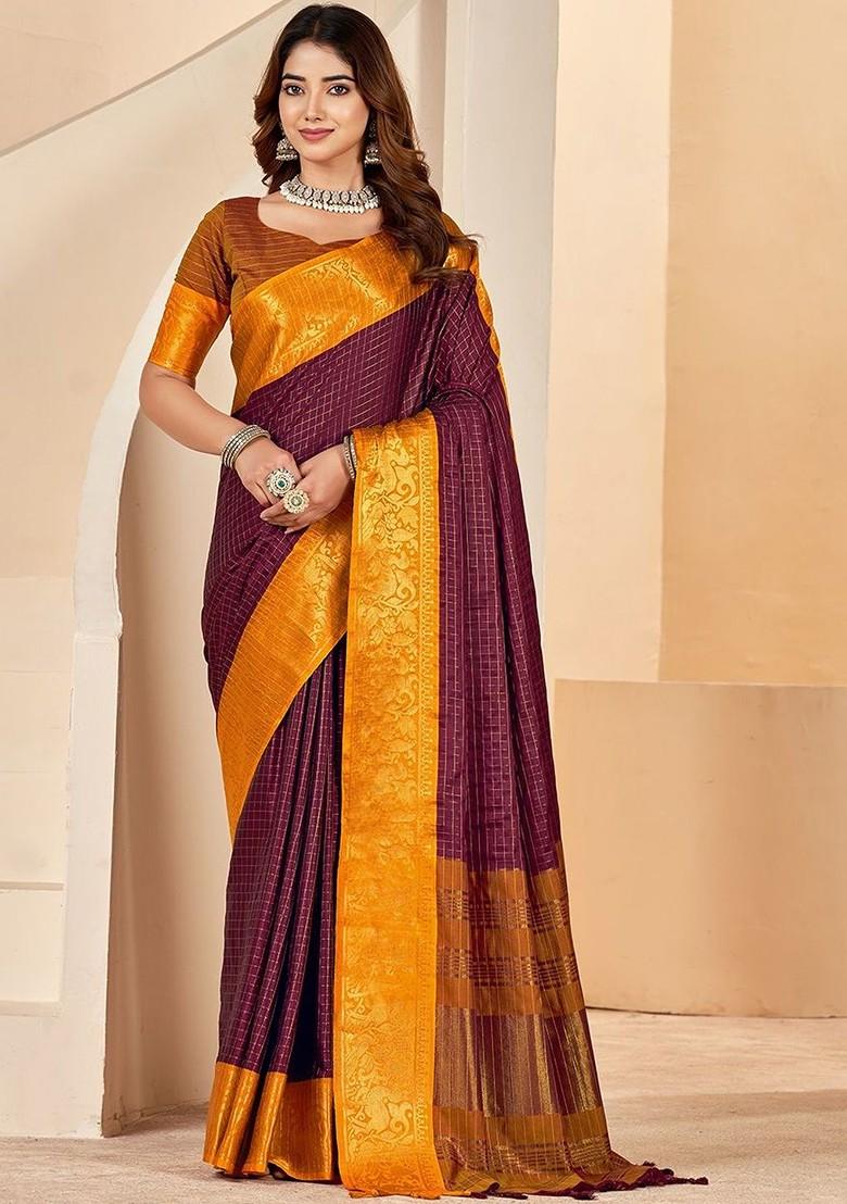 Maroon Embroidered Blended Saree Set - Indya