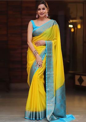 Yellow Embroidered Blended Saree Set