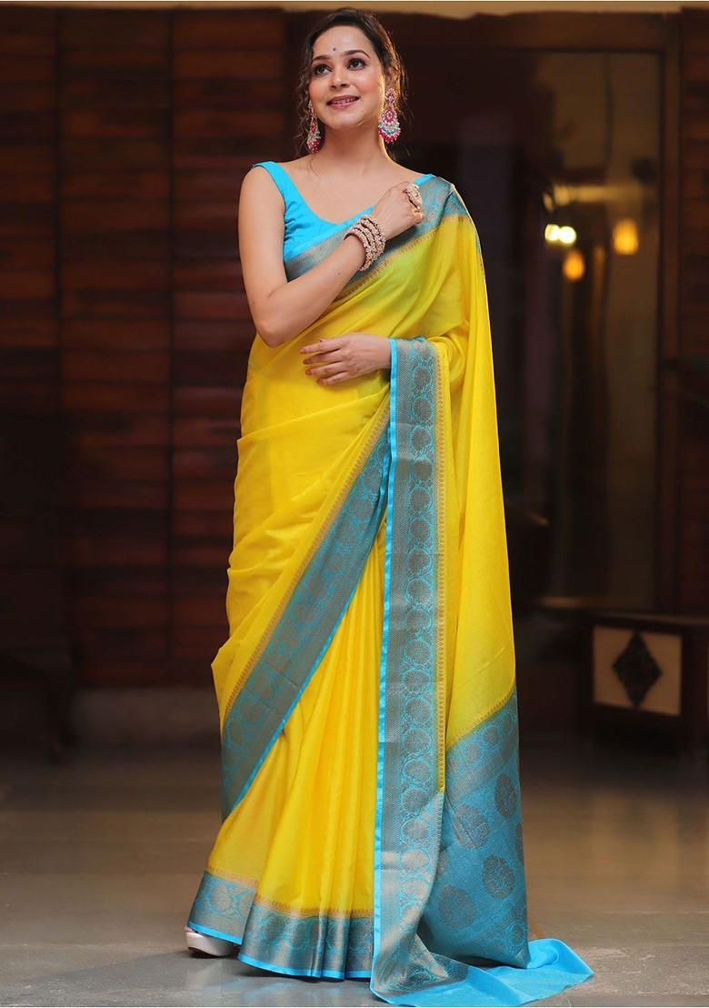 Yellow Embroidered Blended Saree Set - Indya