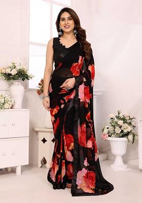 Black Printed Blended Saree Set