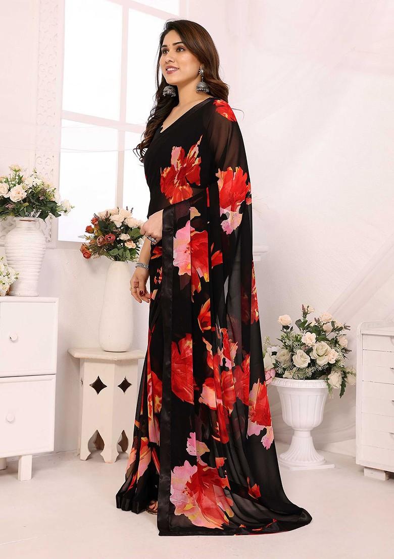Black Printed Blended Saree Set - Indya