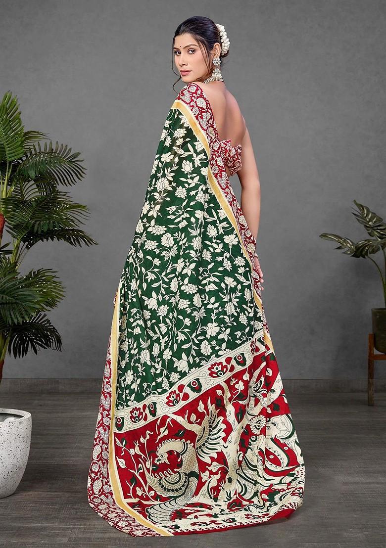 Green Printed Blended Saree Set - Indya
