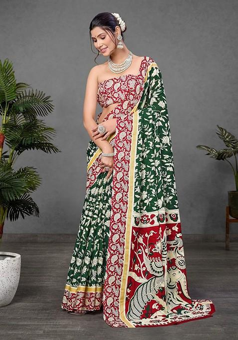 Green Printed Blended Saree Set