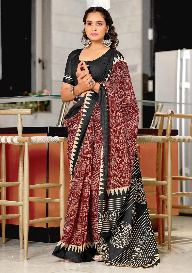 Maroon Printed Blended Saree Set - Indya